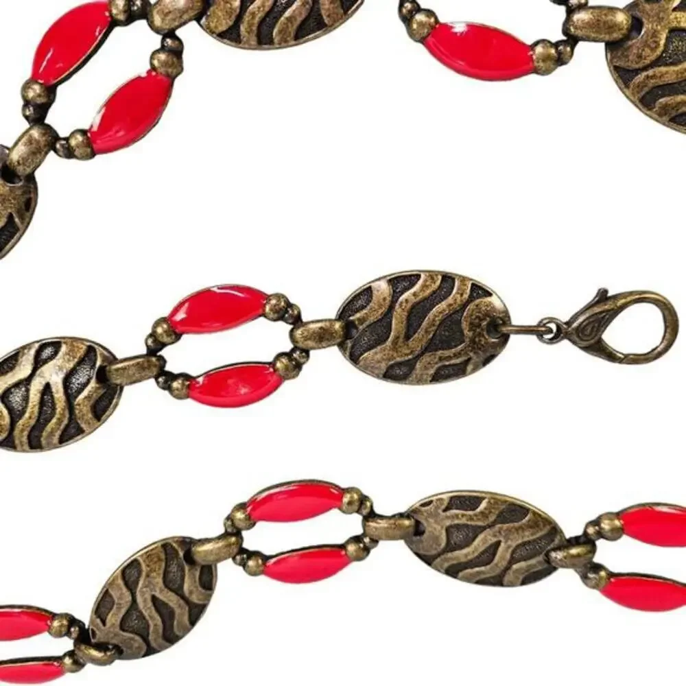 Womens Chain Belt Gold Tone Brass and Red Enamel‎ Adjustable Dangle Links Dressy